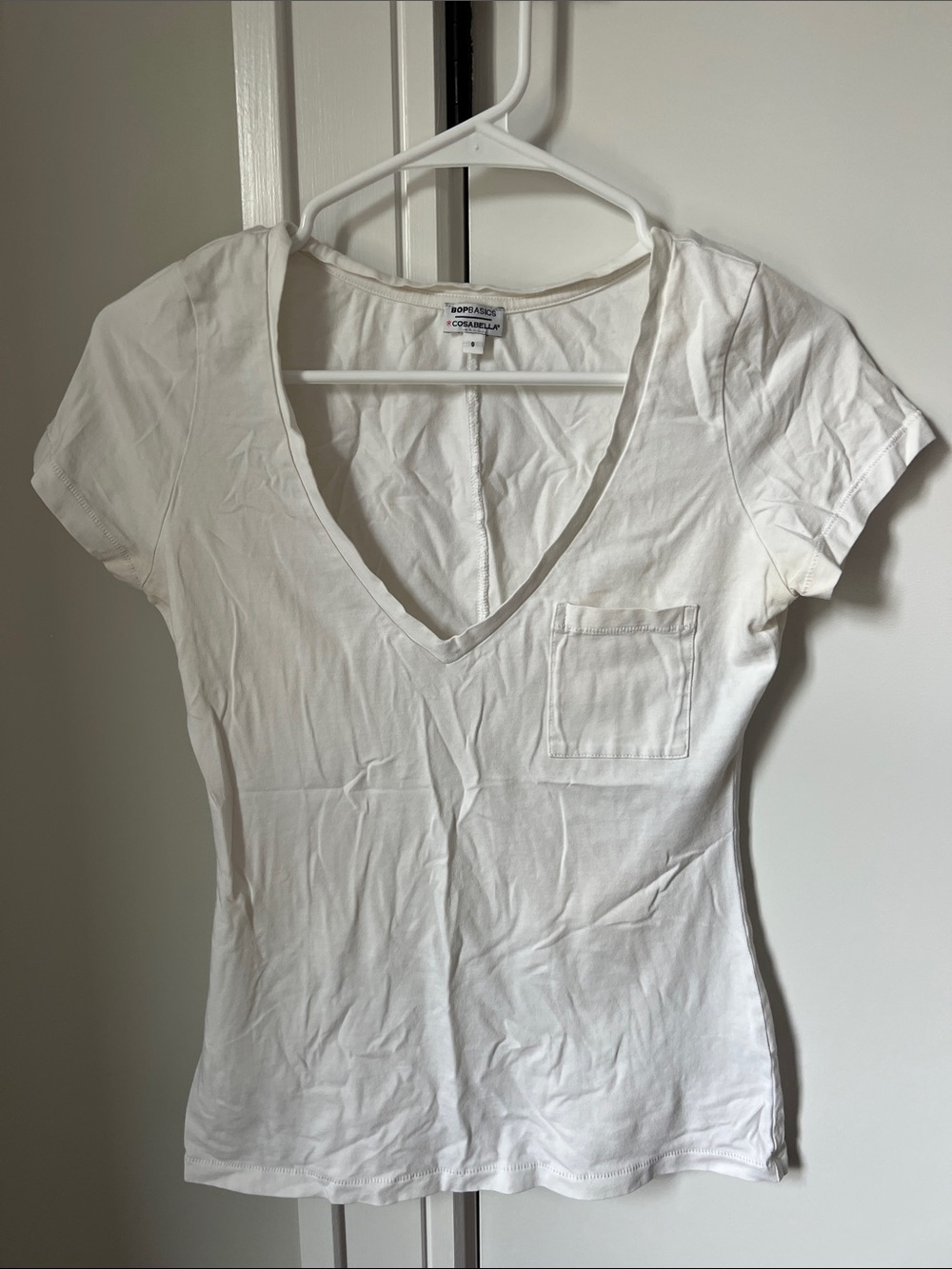 Cosabella White Deep V-Neck Short Sleeve Pocket Tee